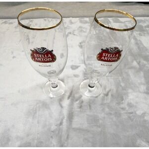 Stella Artois Chalice Beer Glasses Set of 2 Gold Rim Collectible Barware Mancave